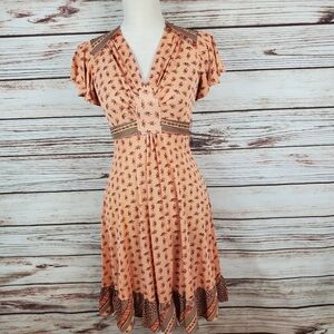 Jody of California Vtg 70s Womens Size 7 Peach Floral Flutter Sleeve Dress Boho